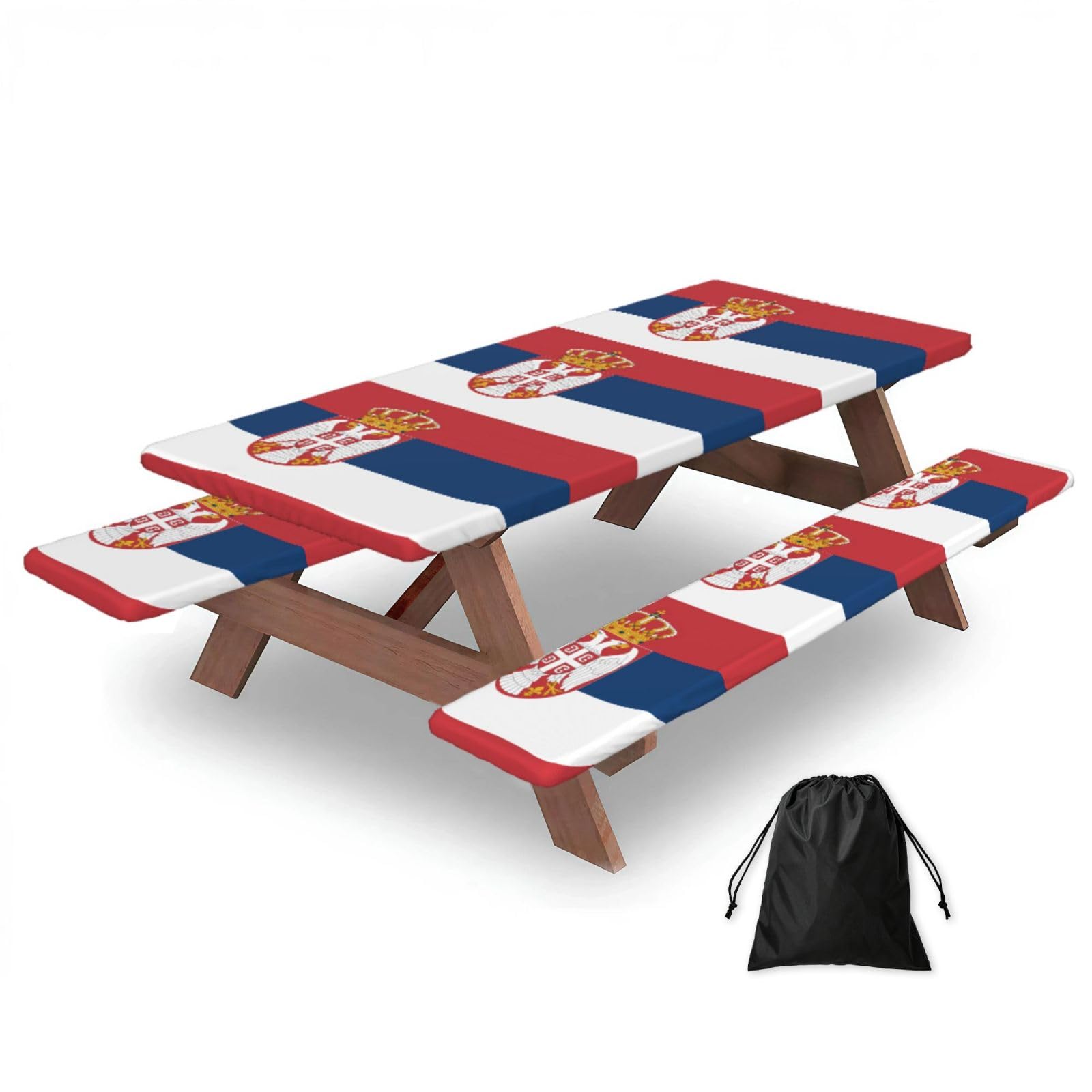 Hhbiuuo Black 72In Camping Table Cover & Bench Covers 3-Pack Set, Flag Of Serbia Print Tablecloths, For Rectangle Tables Picnic