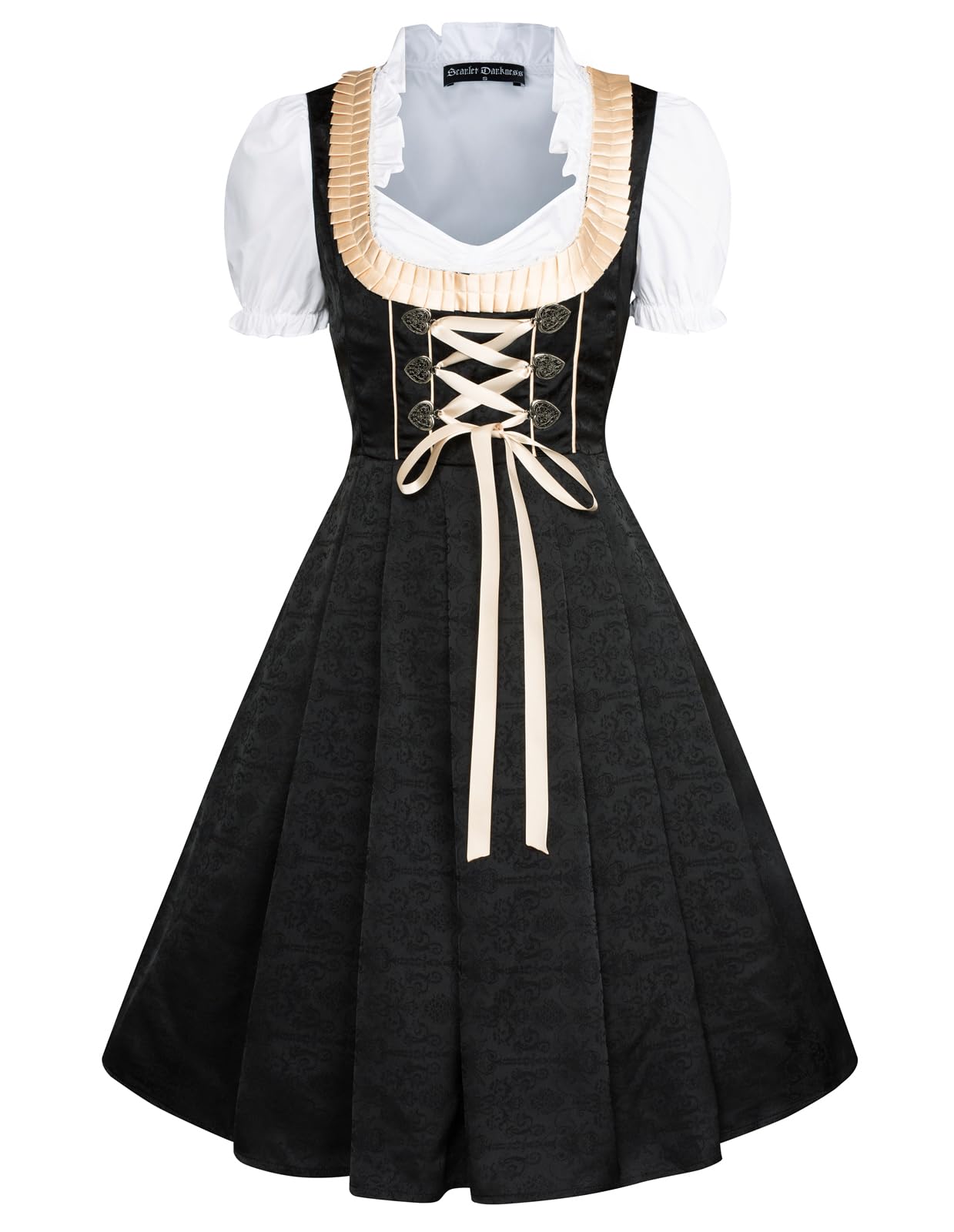 SCARLET DARKNESS Dirndl 3 TLG Satinkleid,Rüschenbluse,Spitzenschürze Midi Dirndl Oktoberfest