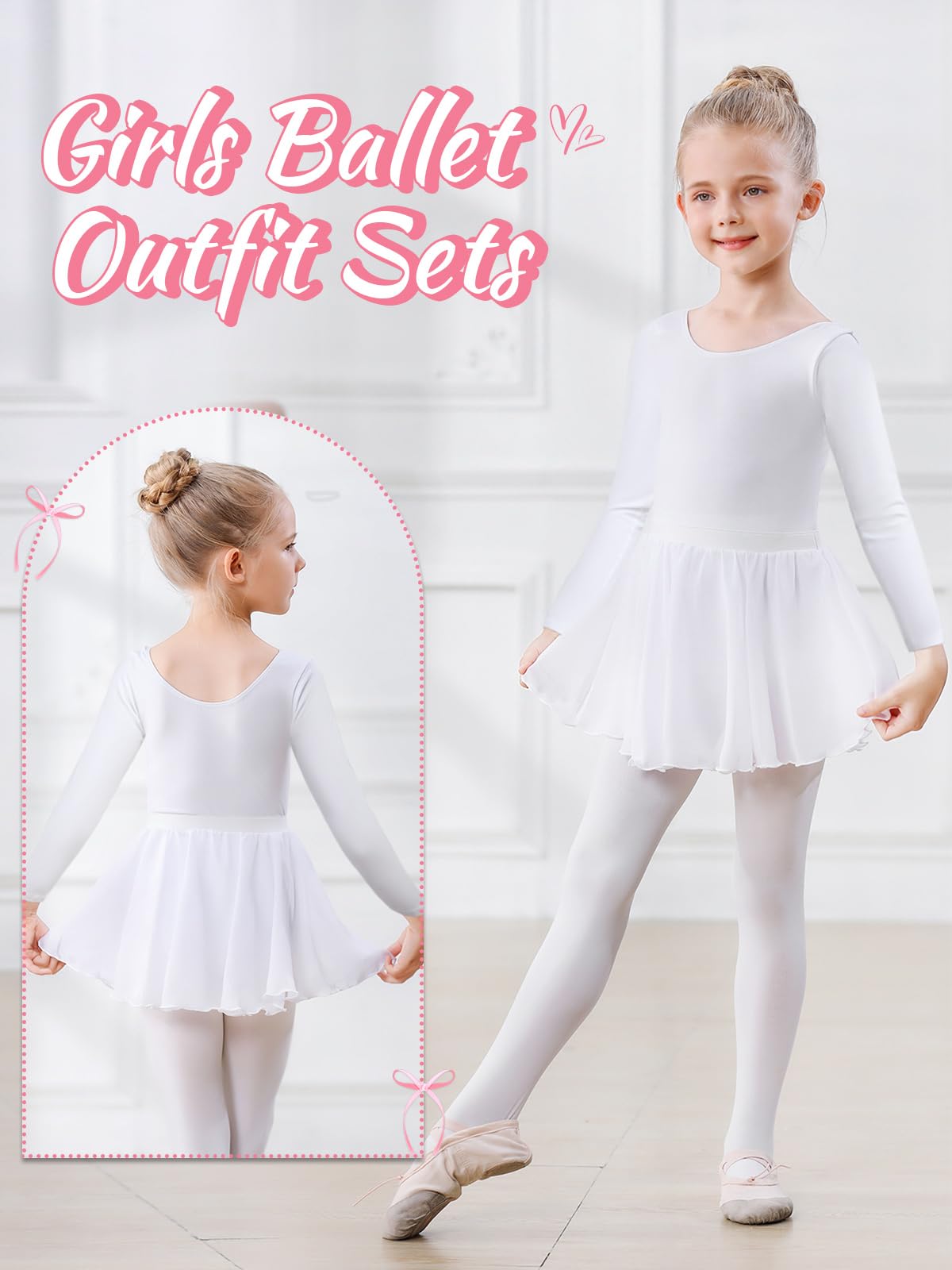 Ballettkleidung Mädchen Ballettkleid Langarm Ballettanzug Kinder Balletttrikot Tanzkleid Baumwolle Tanzbody mit Ballettrock Tütü Ballerina Kleid 3-11 Jahre