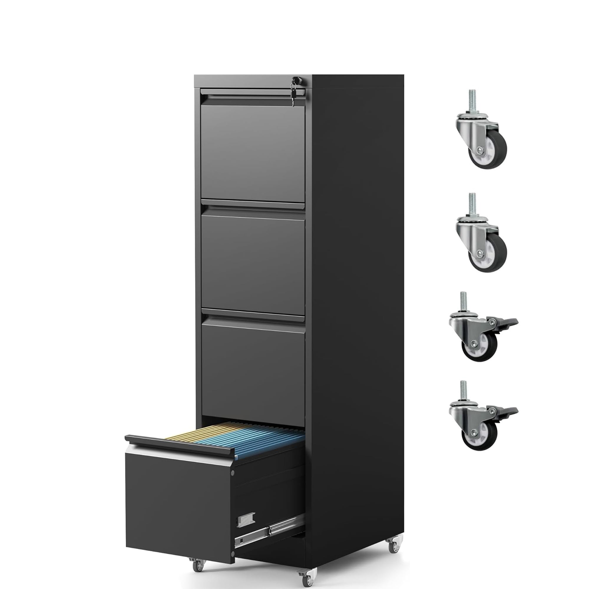 Yukimo 4 Drawer File Cabinet with Wheels, Metal Mobile File Cabinet with Lock, Rolling Filing Cabinet Home Office for Hanging File Folders, Letter