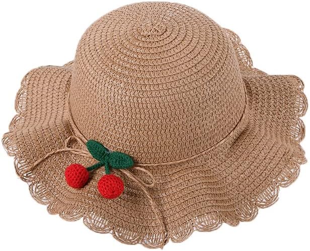 Summer Kids hat Girl + Cute Cherry Sunscreen Girl Straw hat (White)