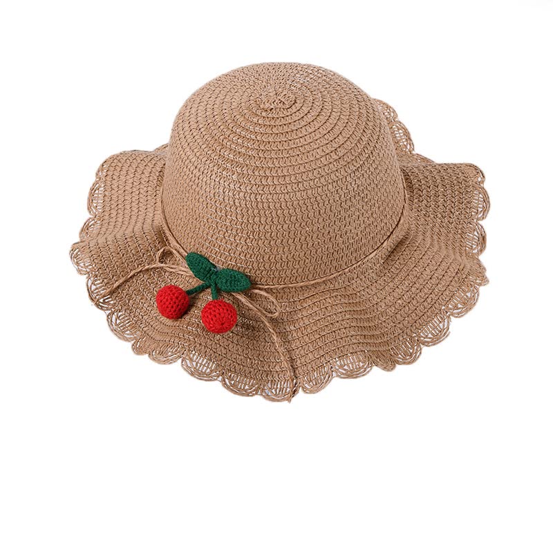 Sombrero de Verano para niña + Bonito Sombrero de Paja con Protector Solar de Cereza (marrón, Talla única)