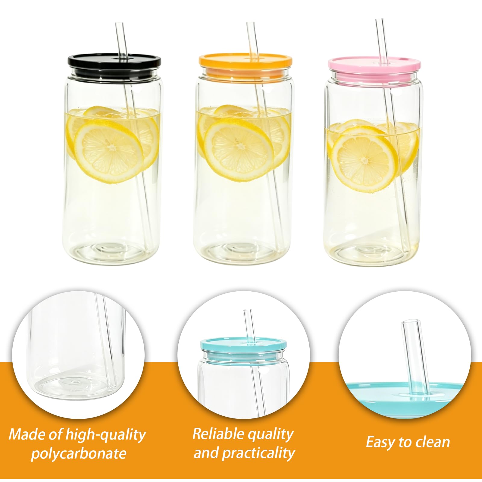 BORDEAG Lot de 6 globes de neige en plastique - 475 ml - 7,5 x 7,5 x 15,3 cm - Gobelets à thé aux bulles avec couvercle et paille - Verres à café glacé pour bureau, maison et restauration - PC