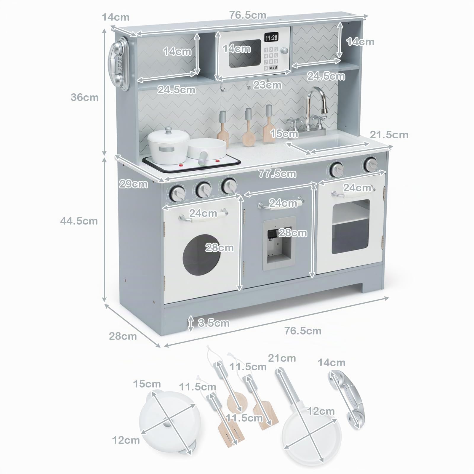 RELAX4LIFE Cucina Giocattolo in Legno per Bambini, Mini Cucina con Forno, Microonde, Distributore d'Acqua e Telefono, Luci e Suoni Realistici, per Bambini 3+ Anni