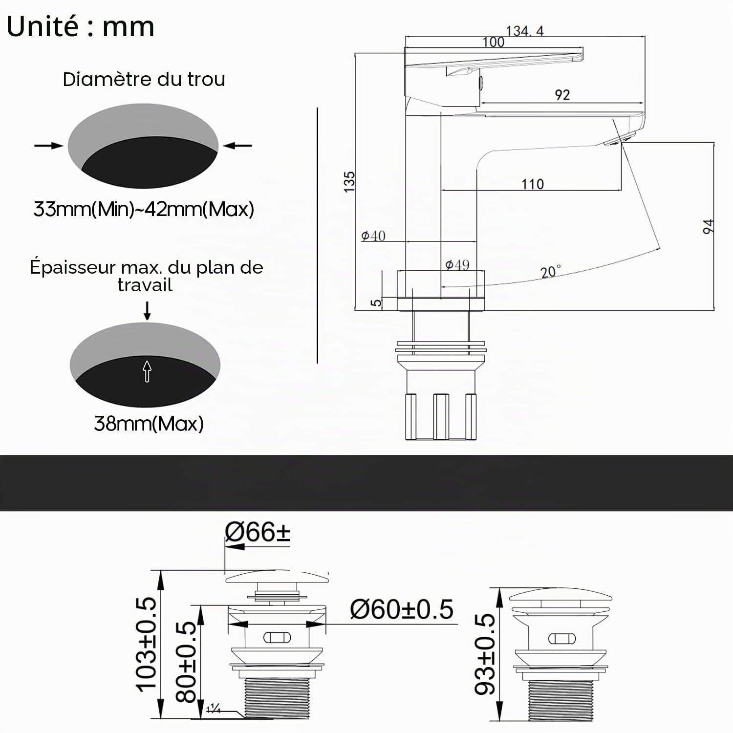 Decaura robinet salle bain en laiton avec bonde de lavabo G1" 1/4