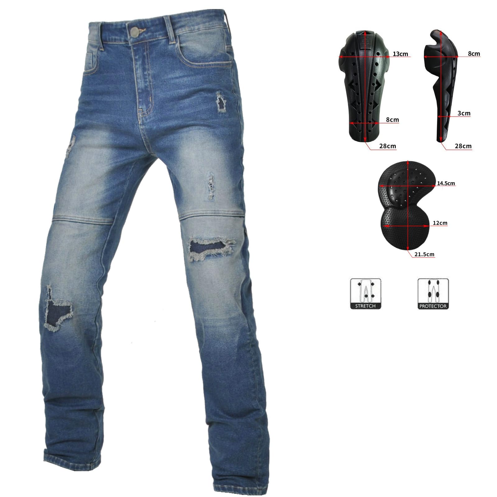 Męskie dżinsy do jazdy motocyklem, slim fit, rozciągliwe spodnie dżinsowe z kieszeniami na kolana i biodra, dżinsy dla motocyklistów