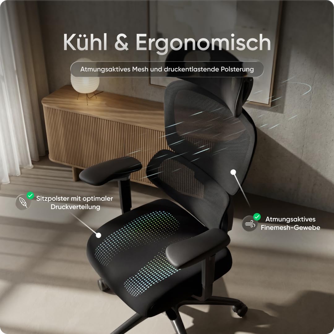 Move Pro Bürostuhl ergonomisch bis 150kg (Testsieger) - 5 Jahre Garantie | Schreibtischstuhl mit intelligenter Lordosenstütze, 3-stufiger Neigung, höhenverstellbare Rückenlehne, 5D-Armlehnen (Schwarz)