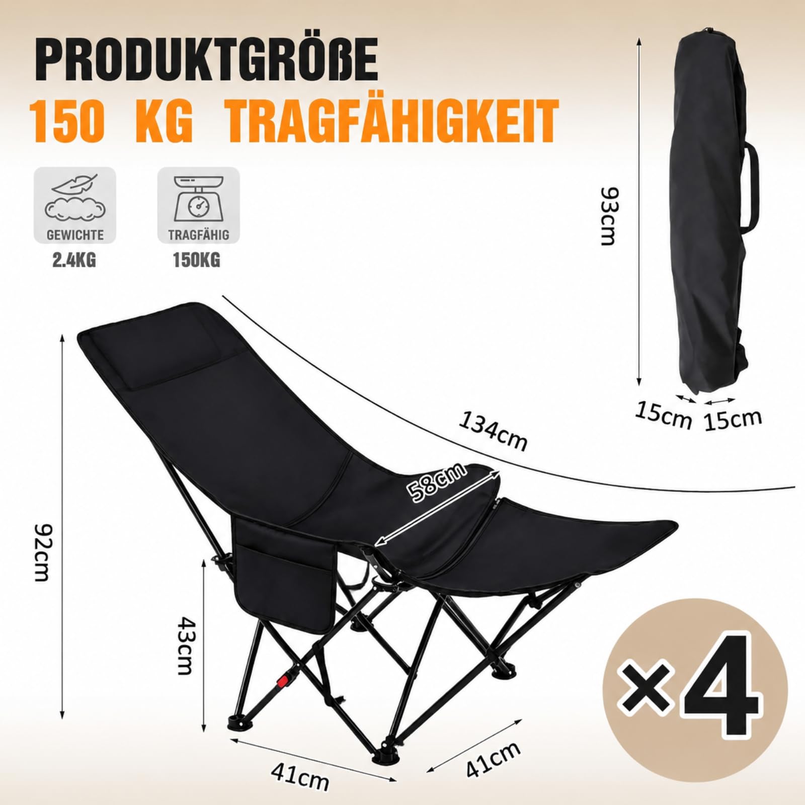 Jadive Lot de 4 Chaises de Camping 2-en-1 avec Repose-Pieds 150kg – Chaise Pliante Réglable 3 Positions, Fauteuil Relax pour Camping, Pêche et Extérieur