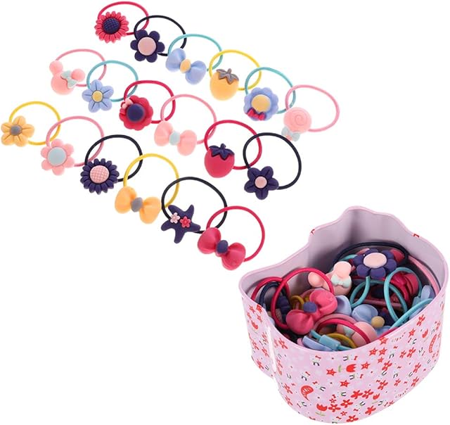 Rubywoo&chili 40 Pcs Cartoon Elastic Hair Ties, Baby Hair Bands Rope with A Cartoon Tin Box, Baby Bow Hair Elastics Band for Girls