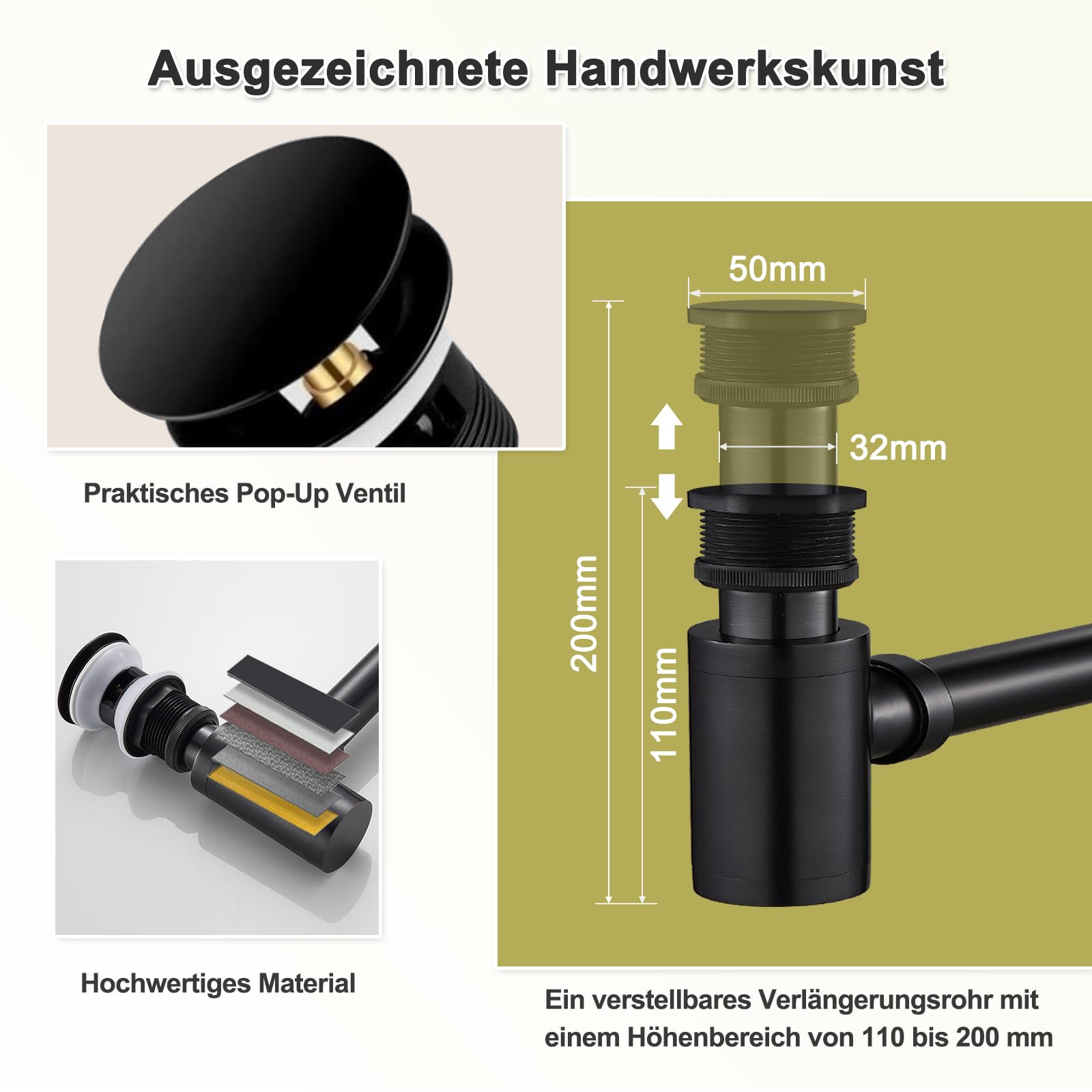 KINKIBOS Designer Siphon with Pop-Up Valve Drain Fitting for Sink Black Retro Siphon 1 1/4 Inch Brass Drain Fitting Drain for Bathroom Odour Trap Includes Seals - Image 4