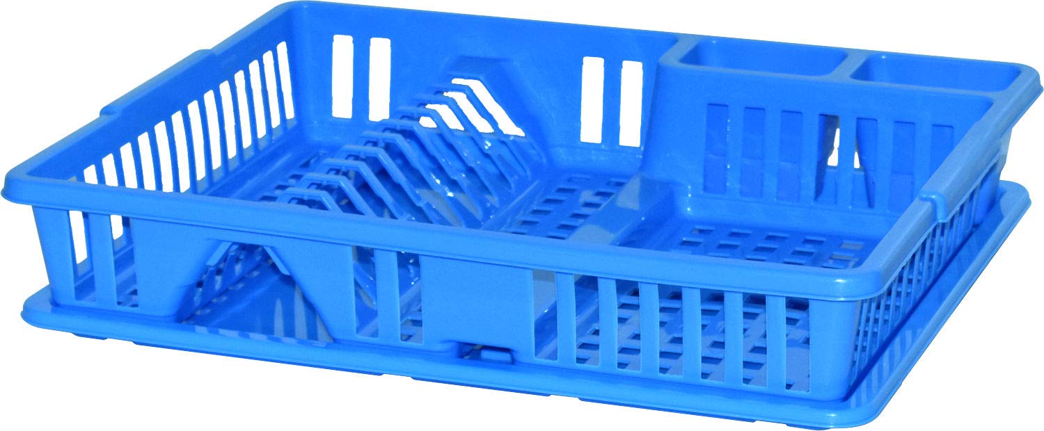 Sterling Ventures Premium Large Plastic Dish Drainer Rack12 Bay with Drip Tray and Cutlery Plate Holder (BLUE)