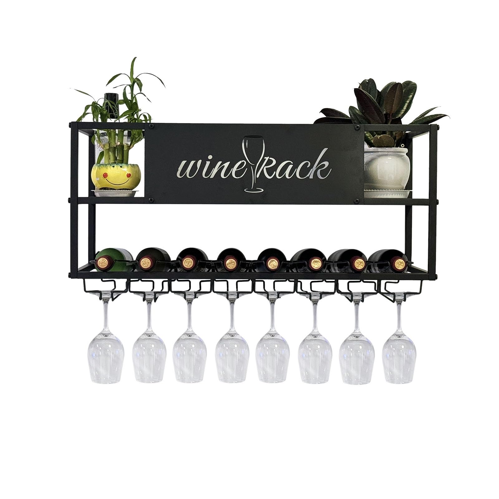 Présentoir de stockage de vin LED mural en métal robuste pour bouteilles et verres