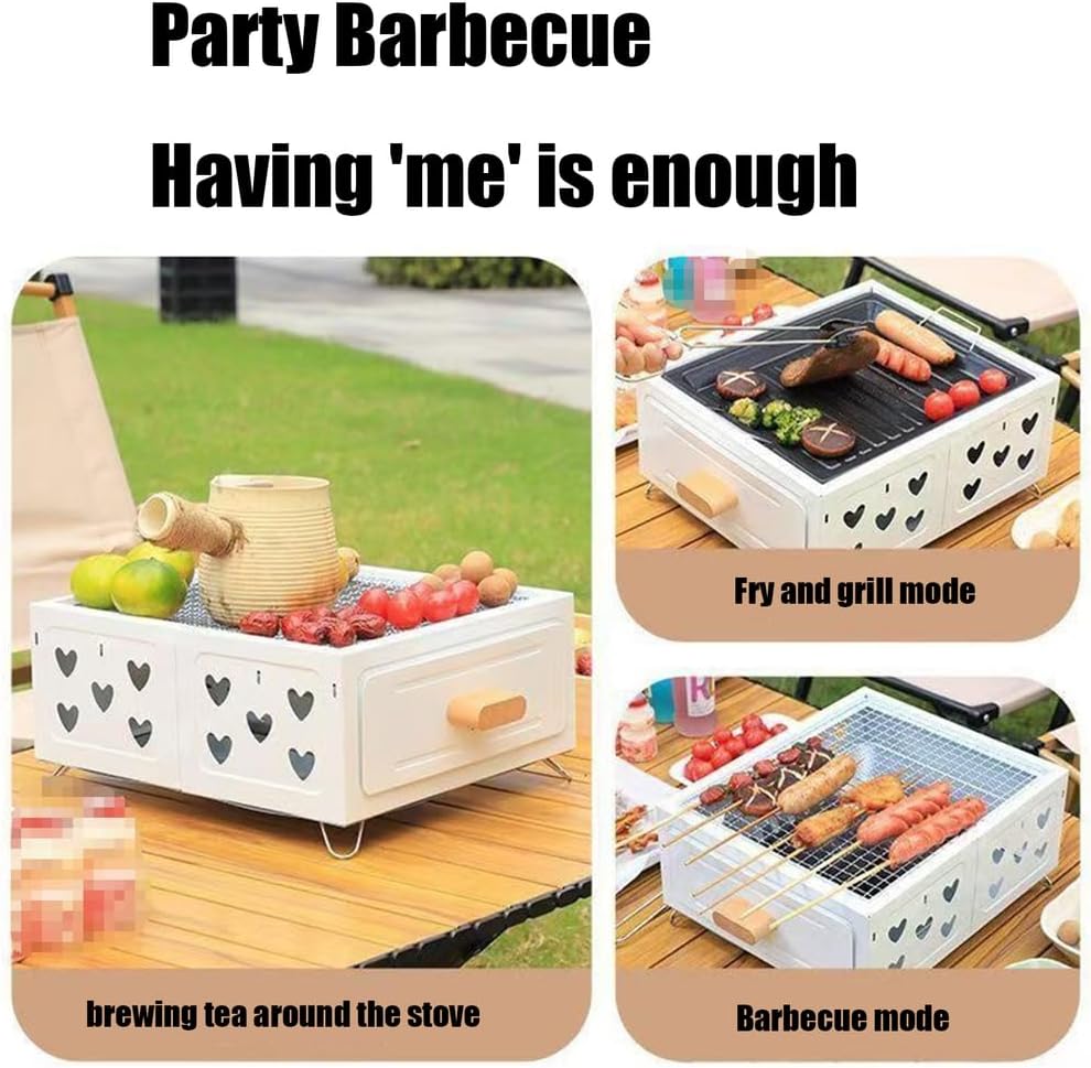 Portable Square Barbecue Grill with Heart Design, White Compact Outdoor Griller for Camping, Picnics, Backyard Ideal for Meats, Veggies, More