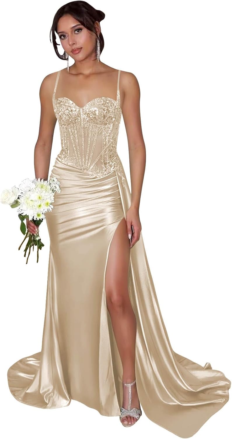 Lace Applique Satin Prom Dresses Corset Mermaid Formal Evening Party Gown with Slit