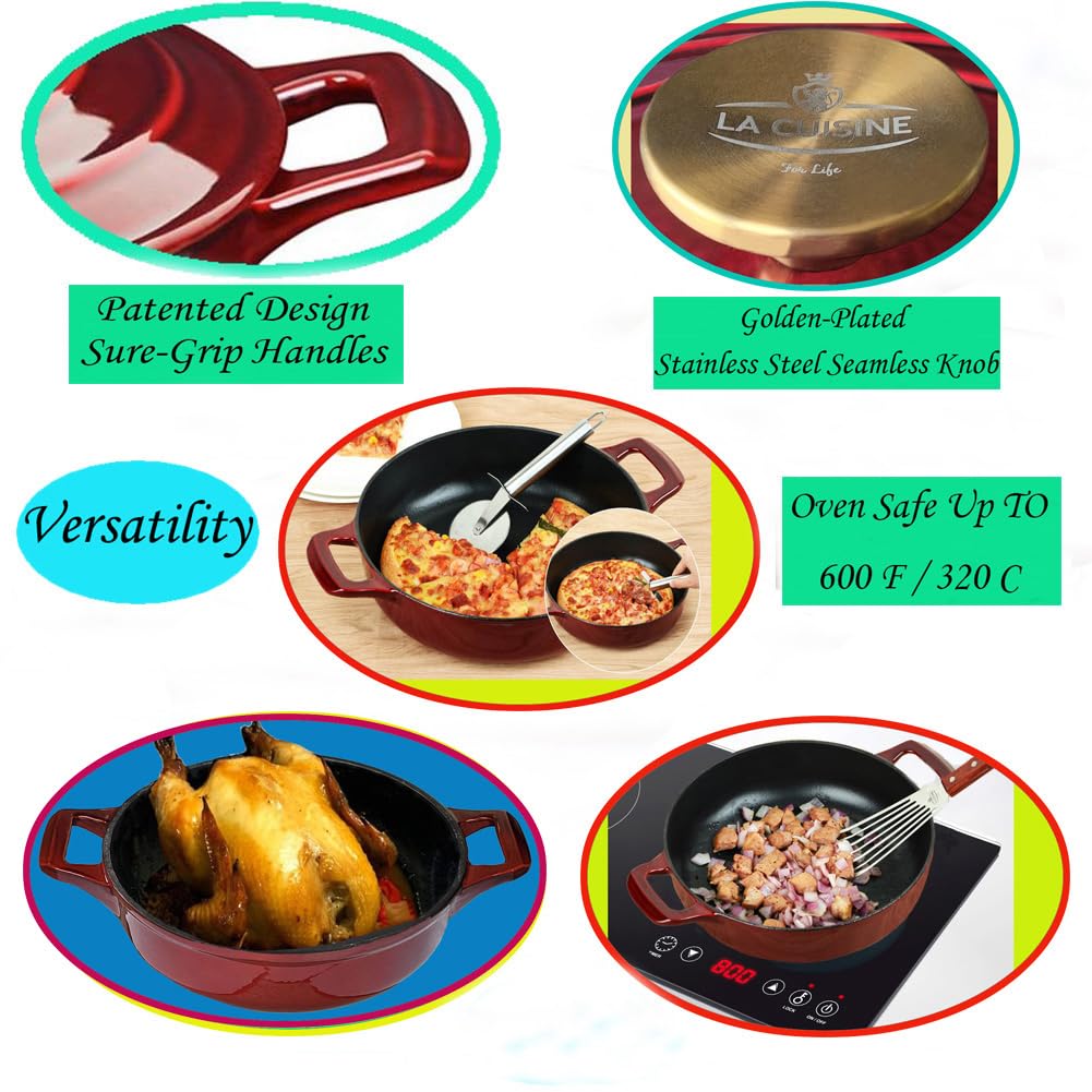 La Cuisine geëmailleerde gietijzeren braadpan braadpan pan met deksel, 2 Ltr 20 cm Dia. Matzwart geëmailleerd interieur, cranberry emaille afwerking buitenkant, vergulde SS deksel handvat