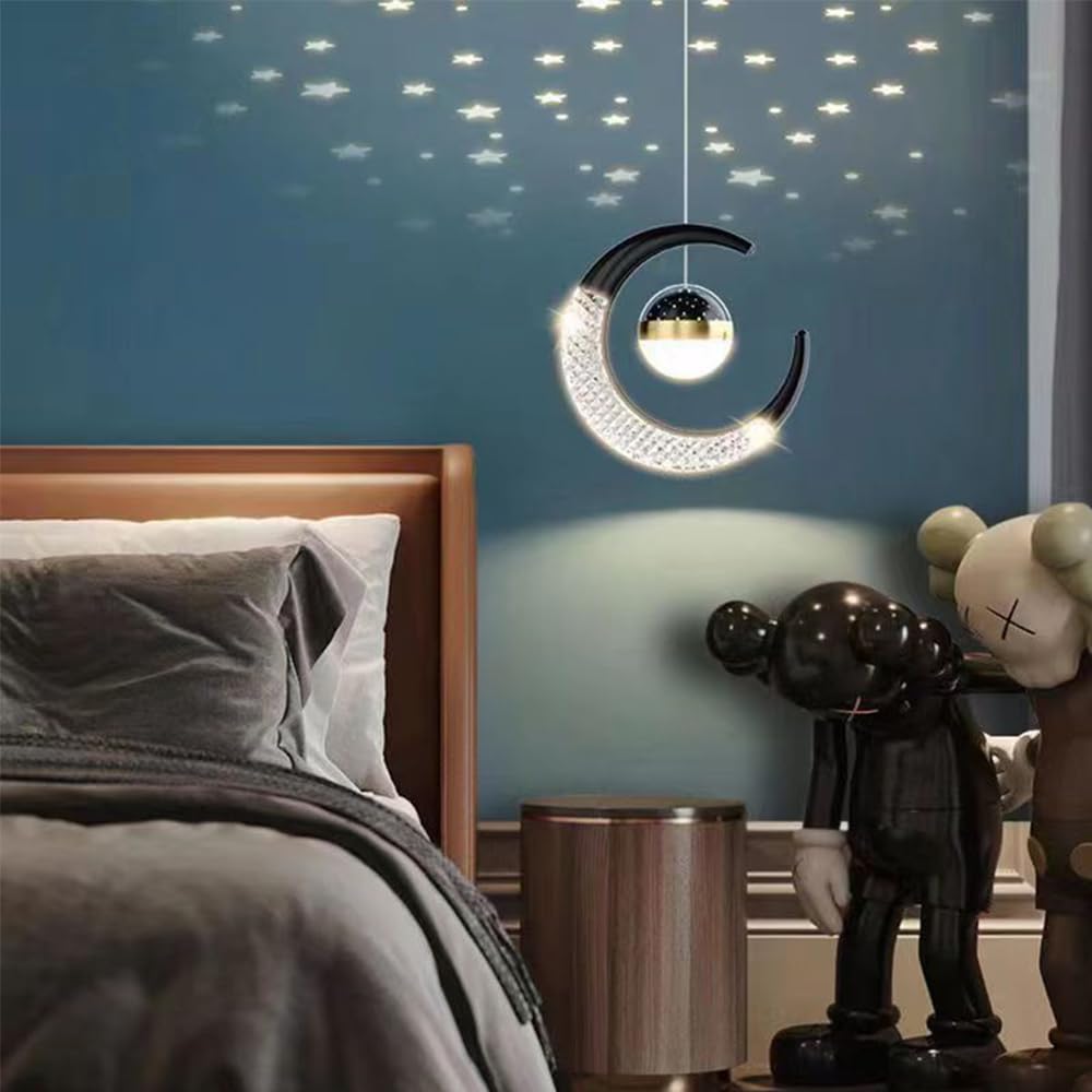 Mengjay Suspension Luminaire Lune et Étoiles Nordique Créativité LED Lustre Plafonnier 10W Lampe à Suspension avec Projection d'étoile Moderne pour Enfants Chambre (Noir, Blanc Chaud)
