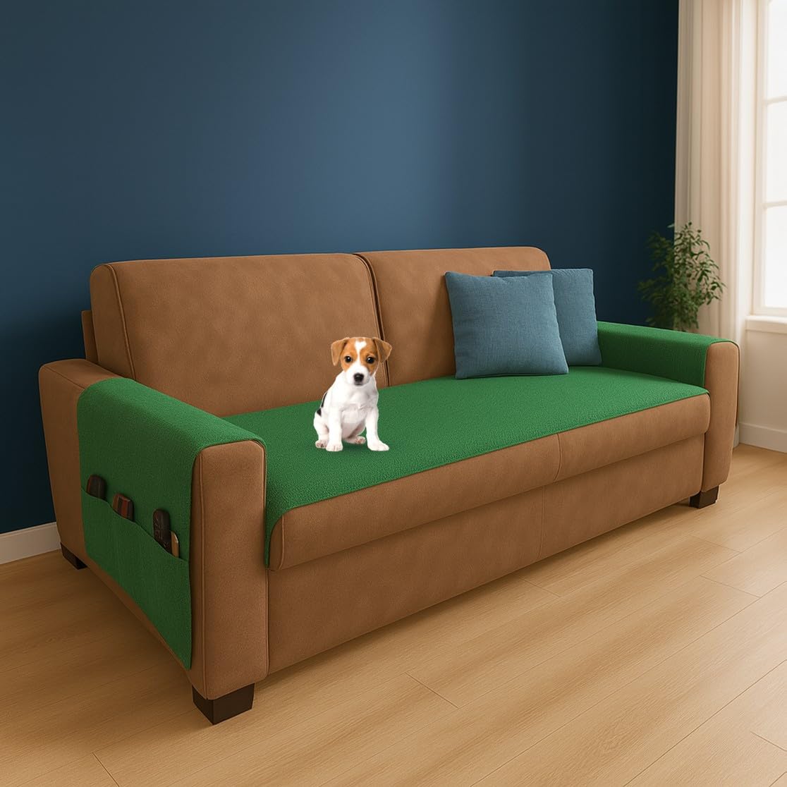 Farè – Runner Copriseduta Divano Impermeabile con Copribraccioli e Tasche Organizer - Copridivano Universale Antimacchia - Ideale per cani, gatti e bambini - Armor Verde
