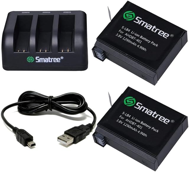 Smatree Replacement Battery (2-Pack), 3-Channel Charger with USB Cord for GoPro Hero 4 Camera Camcorder