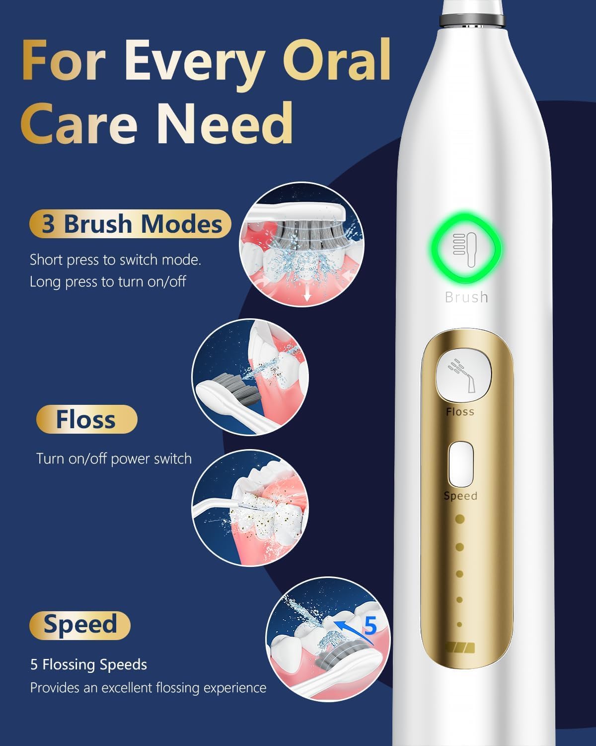 Spazzolino elettrico con idropulsore combinato, spazzolino da denti professionale con 3 modalità di spazzola sonica e 5 pressioni dell'acqua, idropulsore senza fili per adulti per la pulizia dei denti