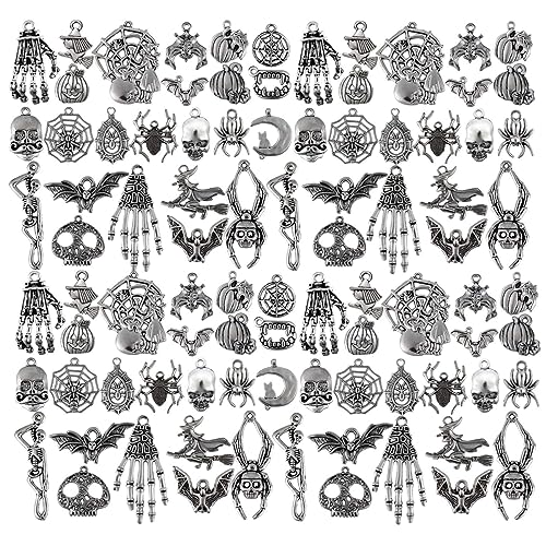 SANNIDHI® 80pcs Charms for Jewellery Making, Antique Alloy Silver Pendants, Assorted Skull Pumpkin Bat Witch Jewelry Charms Kit for Necklace Bracelet DIY Halloween Accessory
