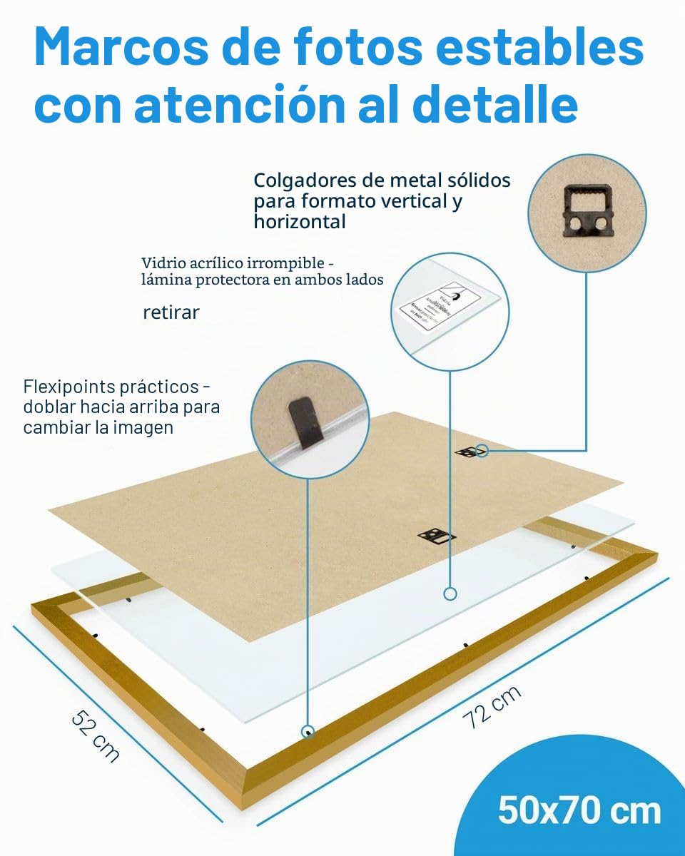 PHOTOLINI Marcos 50x70 cm oro madera MDF set de 3 marcos para pósteres cristal acrílico