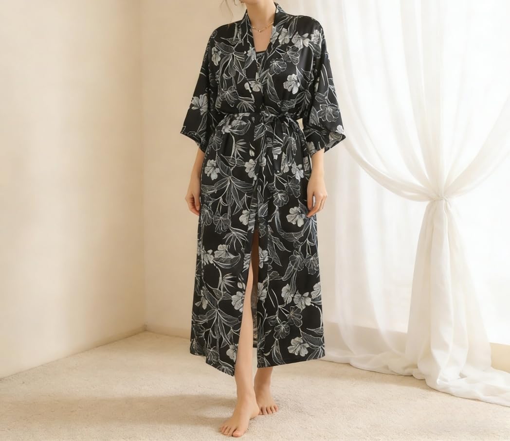 Genérico Batas de Satén de Lujo para Mujer,Albornoces Kimono de Seda con Estampado Floral Verde Azulado y Cuello en V,Cárdigan Largo Ligero y Suave para Dormir.