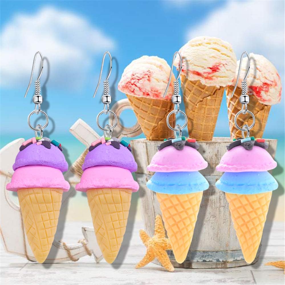 DAMLENG 2 Pairs Unique Cute 3D Soft Clay Ice Cream Dangle Drop Earrings Set for Women Girls Statement Handmade Kawaii Food Cone Candy Earrings Jewelry - Image 2