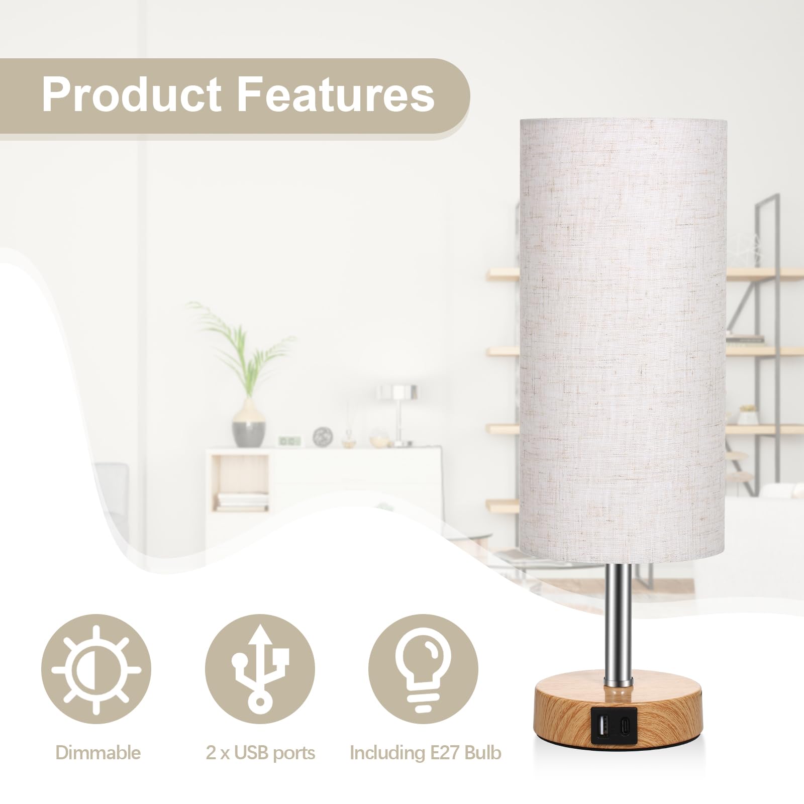 Neoglint Abat Jour da Comodino Coppia, Lampada Touch da Comodino Dimmerabile con 4 Porte di Ricarica USB,Paralume in Tessuto Bianco, Attacco E27, Include 2 Lampadine Bianco Caldo (3000K)