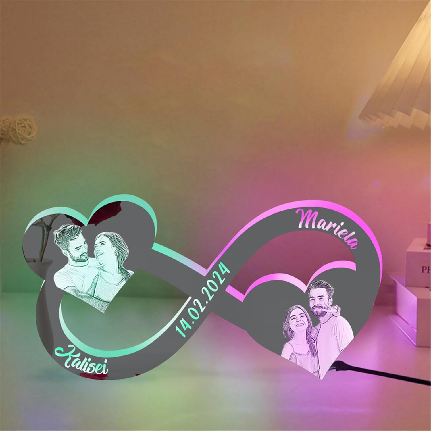 Personalized Photo LED Mirror Light Custom Infinity Heart Photo Night Lamp Couples Photo Light up Mirror Name Sign for Couples Lover Valentine's Day Anniversary Birthday,Infinity Heart Mirror Light-2