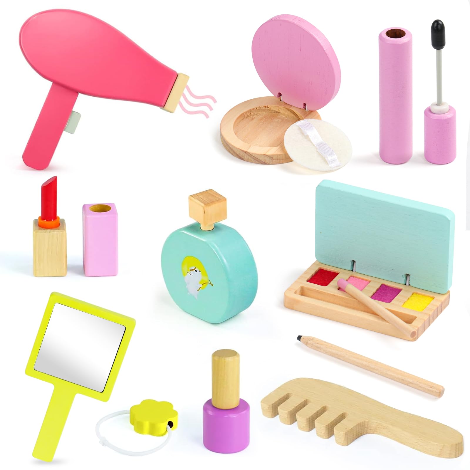 Jerryvon Set De Maquillaje De Madera De 16 Piezas Para Niñas, Juego De Rol De Belleza, Incluye Sombras, Lápiz De Cejas, Esmalte Y Accesorios