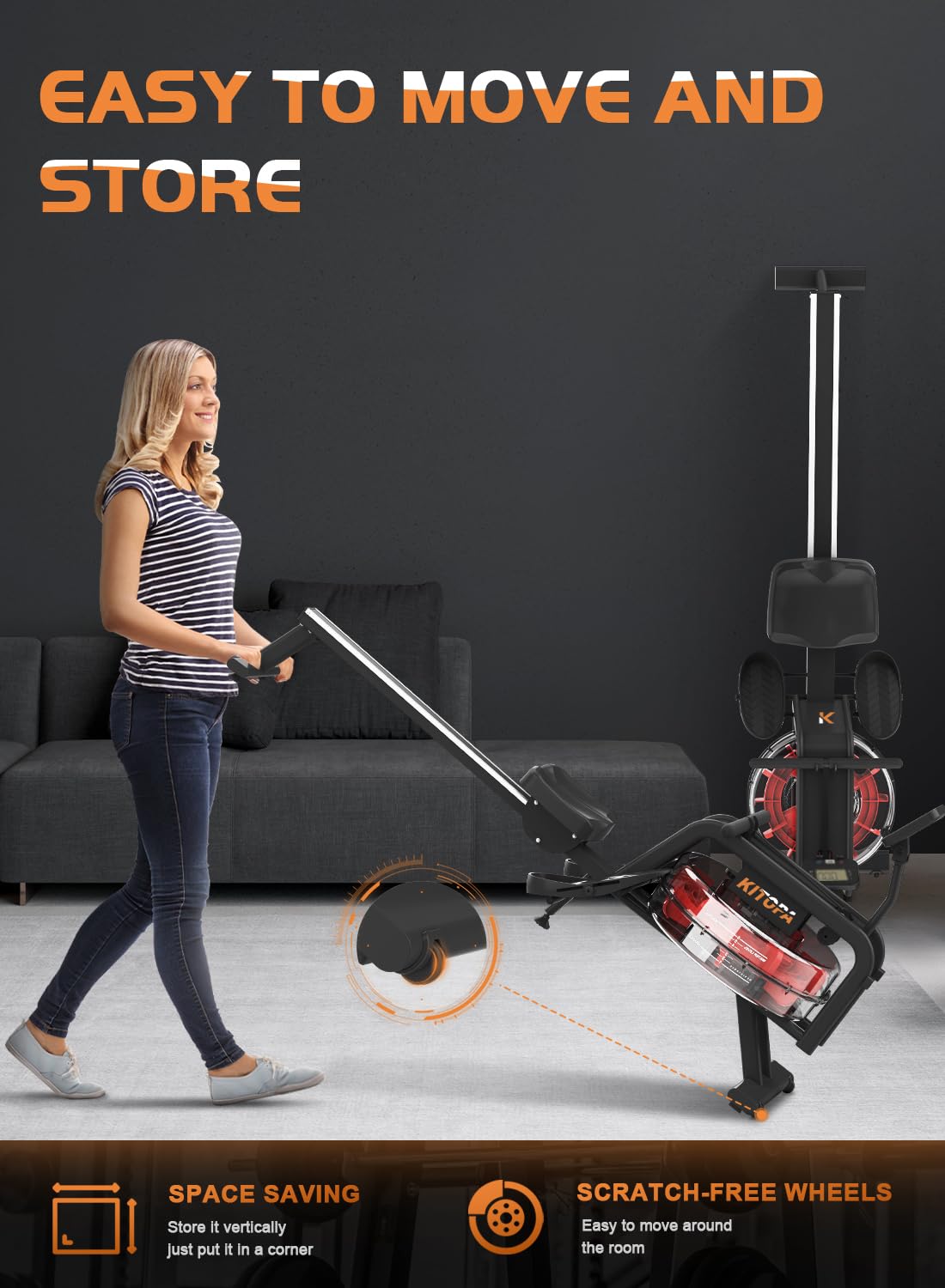 Kitopa Vogatore per palestra domestica, vogatore pieghevole in legno di quercia, con monitor Bluetooth e supporto per telefono regolabile, vogatore ad acqua capacità di carico 200 kg, compatibile con