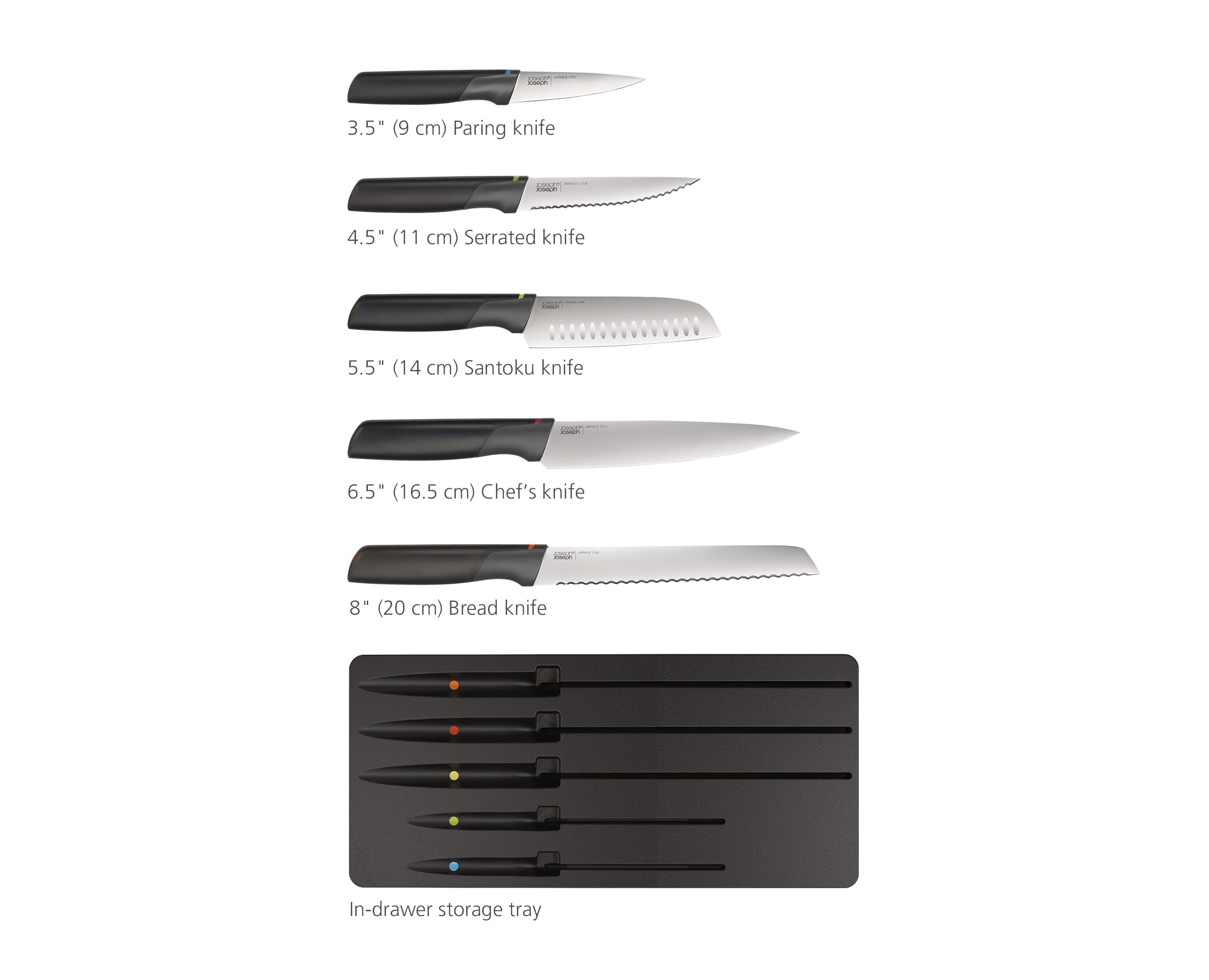 Joseph Joseph Elevate Cuchillos de Cocina Profesionales y Utensilios de Cocina, 10 piezas, con Almacenamiento para Cajón, Negro/Multicolor