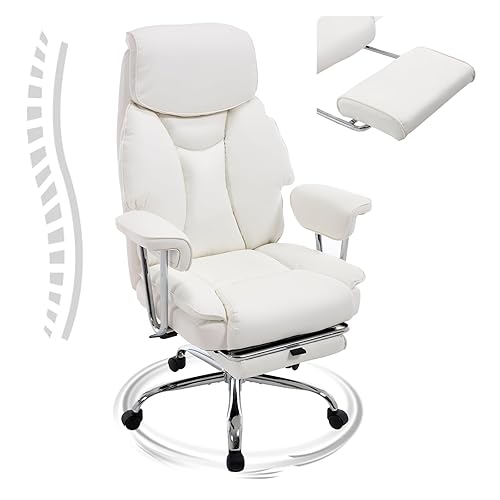 Home Office Chair, 500lbs Big and Tall Computer Chair with Footrest, Ergonomic High Back Cushion Lumbar Back Support, Executive Leather with Armrest for Home, Bedroom, Study, White - White9321