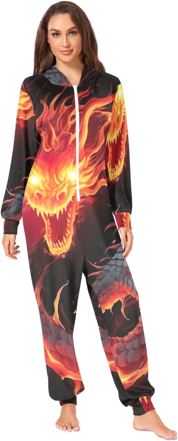 GAIREG Fire Dragon Red Flames Adult Onesie Pajamas, Soft Hooded One Piece Jumpsuit Sleepwear for Men Women