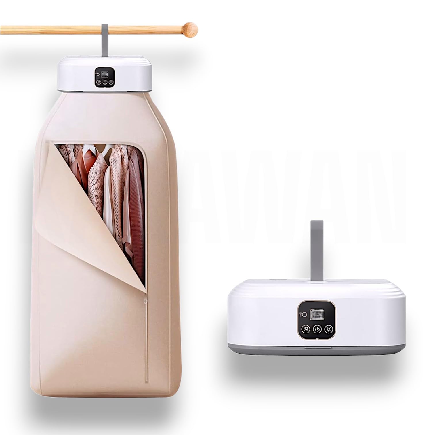 Secadora de Ropa Eléctrica Portátil Plegable Compacta, 400W, Beige con Blanco, Bolsa Seca de Tejido Oxford, Control Digital, 50x50x90 cm, Capacidad 10 kg