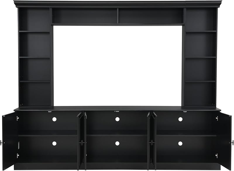 Merax 97.4" W Wall Unit Entertainment Center, TV Stand for TVs Up to 70", Mid-Century Media Console with Bookshelf & Adjustable Shelves, Black image 7
