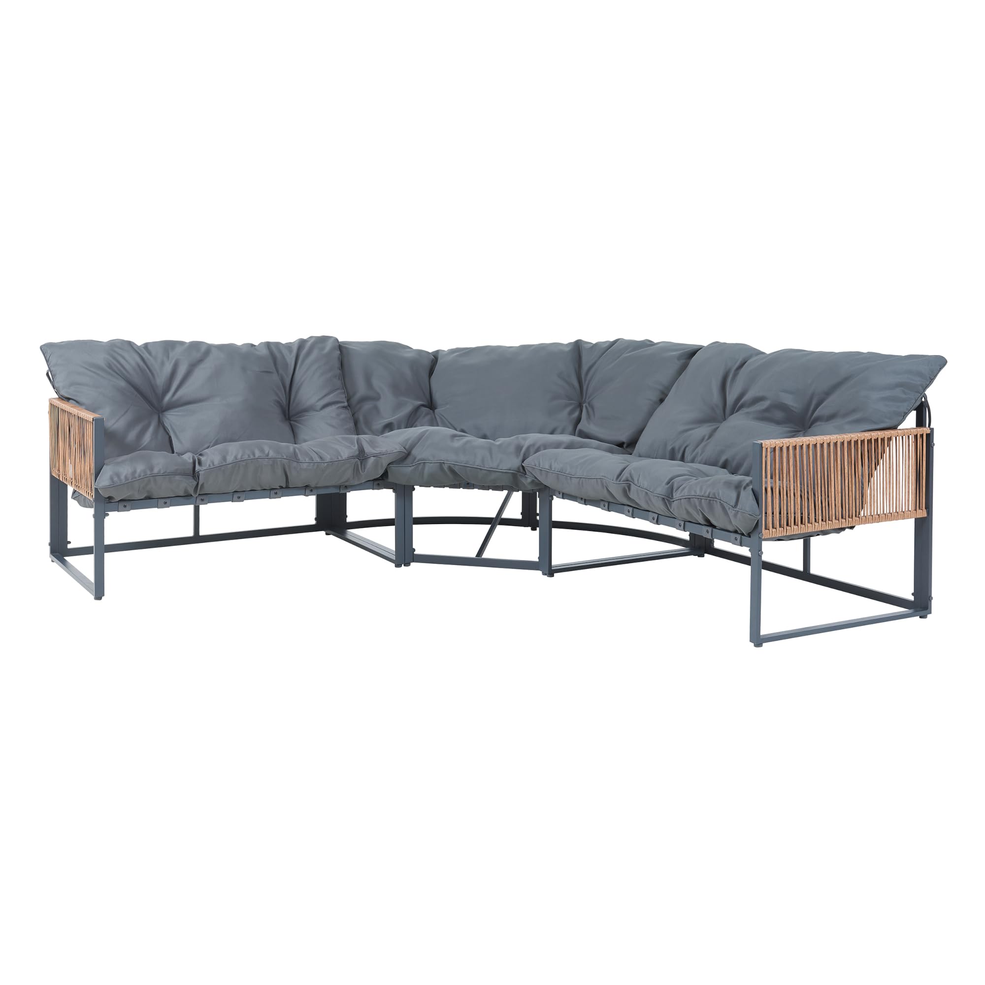 casa.pro Gartenmöbel Set Karg Balkonmöbel Lounge Set 4-teilig Sitzgruppe 3 Sofaelemente mit Couchtisch Outdoor Ecksofa Rattan-Armlehne Kissen wetterfest Dunkelgrau/Rattanoptik