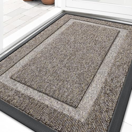 Image of OLANLY Front Door Mat Indoor Outdoor Entrance, Waterproof All-Season, All-Weather Doormat, Sturdy Natural Rubber, Low Profile, Easy Clean Patio Porch Entryway Mat, 35x23, Khaki and White