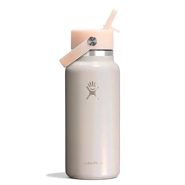 Hydro Flask Water Bottle - Insulated Stainless Steel - Wide Mouth Flex Straw Lid, Non-Spill, Leakproof and Refillable in 32 Oz Glimmer Cream 1