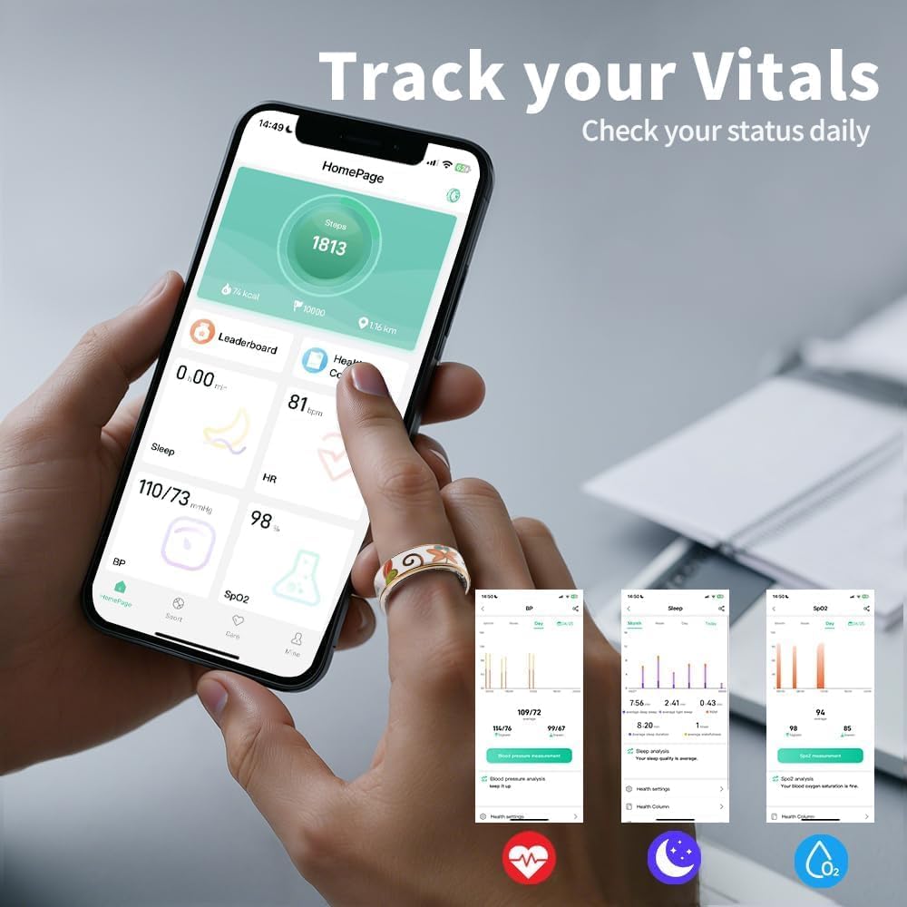 Smart Ring for Women & Men, Fitness Tracker with Heart Rate, SpO2, Blood Pressure & Sleep Monitoring, IP68 Waterproof, Long Battery Life, No Monthly Fees, for iPhone Android (8#&Floral)