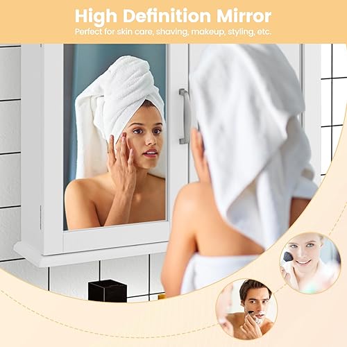 Miniatura 4 de COSTWAY Botiquín de baño con espejo, armario de almacenamiento montado en la pared con 2 puertas, armario de pared de baño sobre el inodoro,