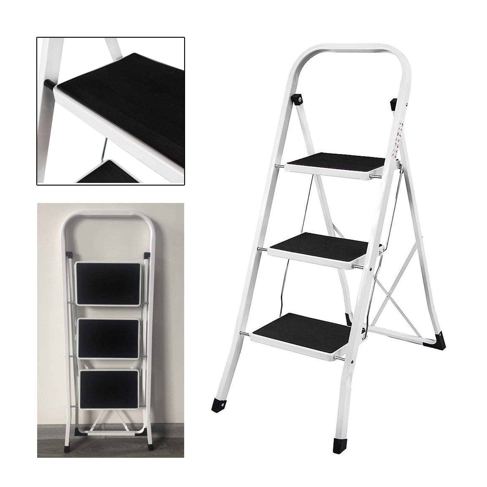 Escabeau pliable à 3 marches - Léger - Antidérapant - Pour le nettoyage de la cuisine dans le bureau à domicile - Décoration - Charge maximale : 150 kg