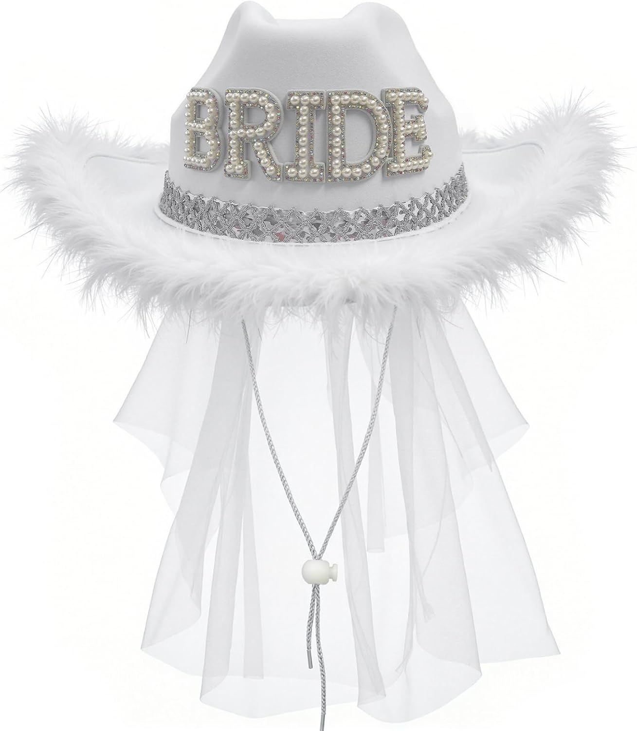 Hosrnovo Bride Cowboy Hat, White Bride Cowgirl Hat with Tassel Fringe Veil and Rhinestone BRIDE for Western Bachelorette Party Decorations and Nashville Bach Last Rodeo Accessories