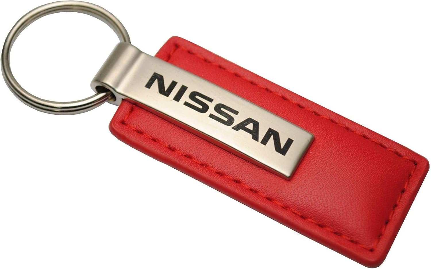 Nissan Genuine Red Leather Rectangular Silver Logo Key Chain Fob Ring