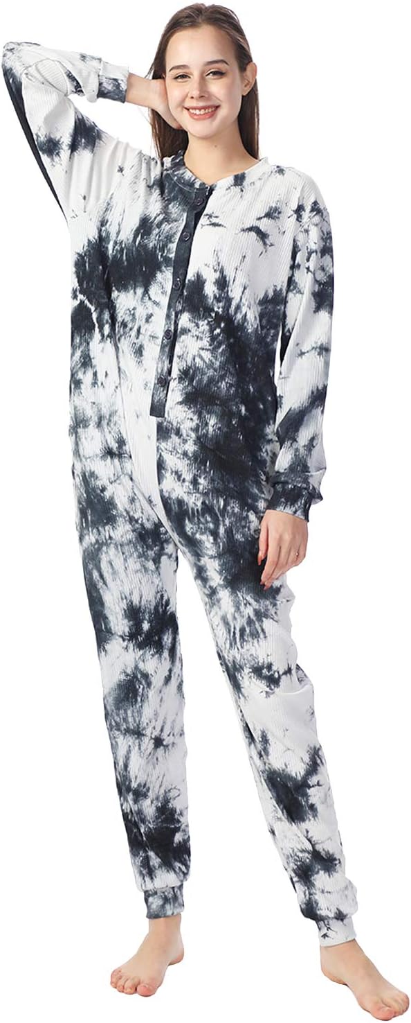 Lifeye Womens Onesie Pajamas Tie-Dye Cotton Romper Thermal Sleepwear Long Sleeve Jumpsuit Homewear Nightwear with Pockets