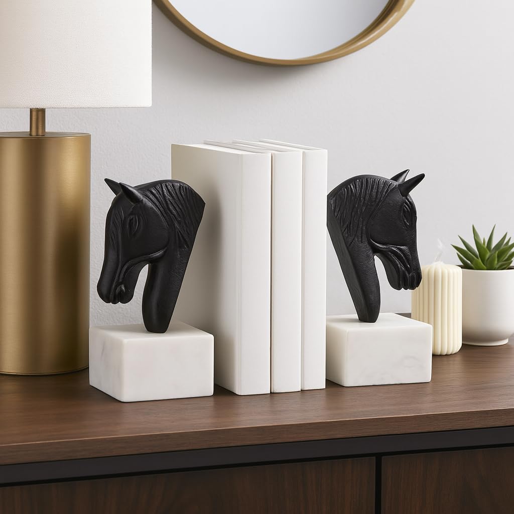 Bookends for Bookshelf Decor – Bold Metal Horse Head Bookends on Marble Base Perfect for Book Accessories – Decorative Bookends for Office, Desk Decor, or Home Library Set of 2 – 7" Black & White