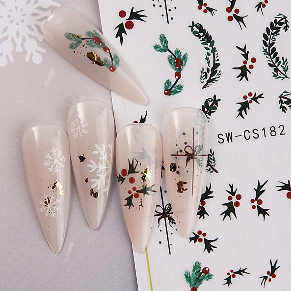 3D Christmas Nail Stickers Green Leaves Red Bean Elk Snowflake Nail Decals for Nail Art Supplies Winter Nail Art Stickers Self Adhesive Sticker Nails Design Accessories Women New Year Nail Decorations image 3