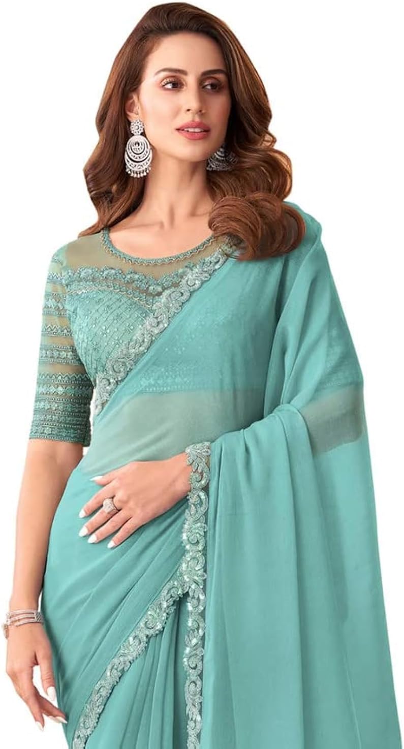 Women's Georgette Embroidery Saree With Unstitched Blouse Piece
