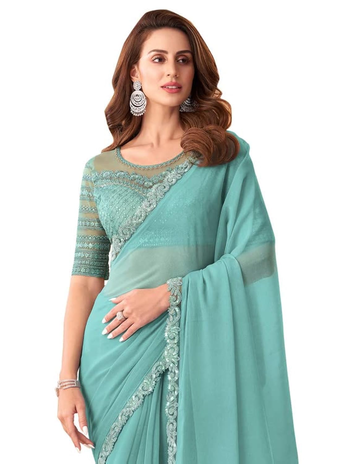SIRILWomen's Self Woven, Lace Georgette Saree with Unstitched Blouse