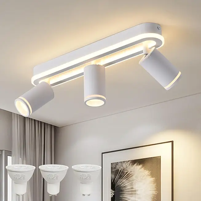 MYCUL LED Deckenstrahler 3 Flammig Schwenkbar 350°, Deckenleuchte mit unteres Glühen 27W+3x5W GU10 Spots,3000K Warmweiß Deckenspot strahler,Modern Deckenlampe Lampe,Spotleuchte für Küche,Flur-Weiß
